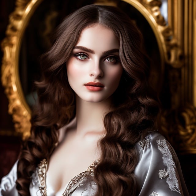 Prompt: young stunning female beauty, deep gray eyes, deep look, very long red hair, light contrast, baroque intricate portrait, baroque rich detailed dress, young female noble sitting in her rich baroque house, style of Dante Gabriel Rossetti