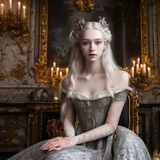 Prompt: young stunning female beauty with delicate pale face, deep gray eyes, deep look, very long blonde hair, light contrast, female noble beauty, rinascimental portrait, baroque rich dress, young female noble sitting in her rich baroque house, wearing rich intricate black dress