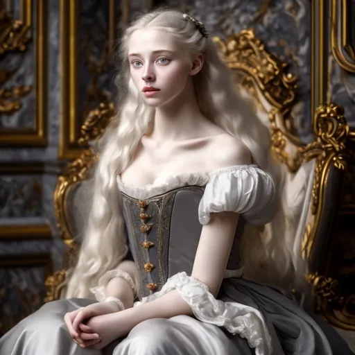 Prompt: young stunning female beauty with delicate pale face, deep gray eyes, deep look, very long blonde hair, light contrast, female noble beauty, rinascimental portrait, baroque rich dress, young female noble sitting in her rich baroque house, style of François Boucher