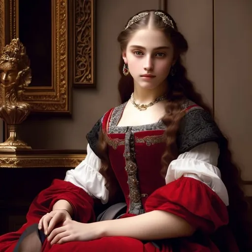 Prompt: young stunning female beauty, deep gray eyes, deep look, very long red hair, light contrast, baroque intricate portrait, baroque rich detailed dress, young female noble sitting in her rich baroque house, style of William-Adolphe Bouguereau 