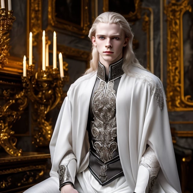 Prompt: young stunning male beauty with delicate pale face, deep gray eyes, very long blonde hair, light contrast, male noble beauty, rinascimental portrait, young male noble sitting in his rich baroque house, wearing rich intricate black dress