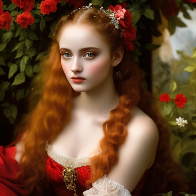 Prompt: young stunning female nymph, deep gray eyes, deep look, very long red hair, light contrast, baroque intricate portrait, young female nymph sitting in her garden house, style of Rubens art
