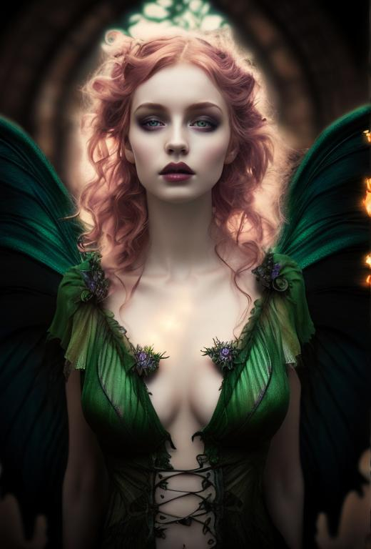 Prompt: HD, 4K, 3D, Stunning, magic, cinematic camera, gothic beauty, ethereal green wings,fairy queen,gothic enchanted, light contrast, long, curly redhead hair, lovely, romantic, tender, purple light, moon glow, perfect female beauty, intricate, pale traslucent skin