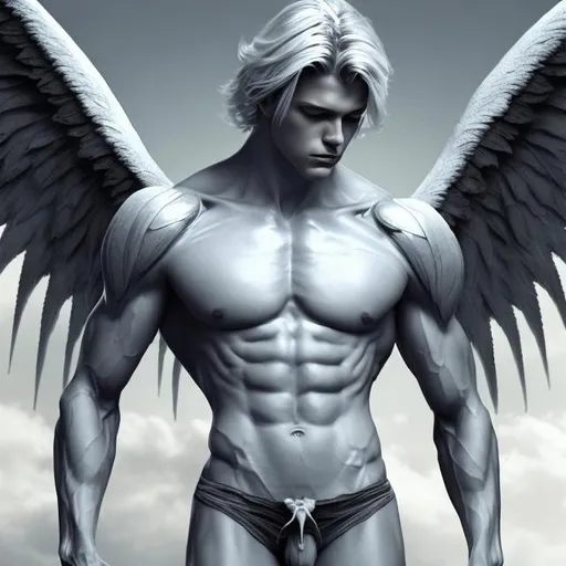 Prompt: Male beautiful angel with big black wings, extra long blonde hair, pale gray eyes, perfect male anatomy, armonious, thin muscle male anatomy, light contrast, awesome, intricate, detail, sunlight