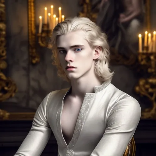 Prompt: young stunning male beauty with delicate pale face, deep gray eyes, very long blonde hair, light contrast, male noble beauty, rinascimental portrait, young male noble sitting in his rich baroque house