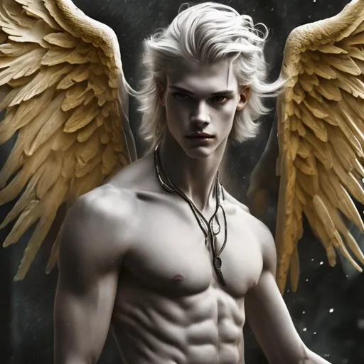 Prompt: Male beautiful angel with big black wings and extra long blonde hair, pale gray eyes, great male anatomy, armonious, thin male anatomy, light contrast, awesome, intricate, detail, sunlight,nature, paradise, beatitude, natural light,aureola
