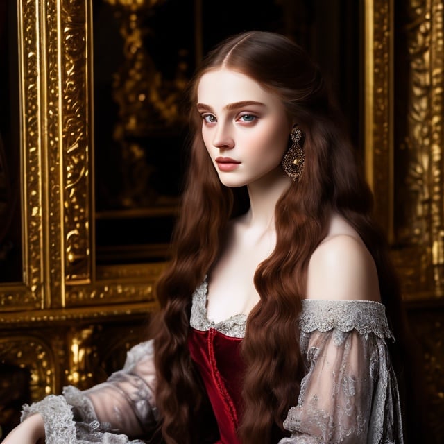 Prompt: young stunning female beauty, deep gray eyes, deep look, very long red hair, light contrast, baroque intricate portrait, baroque rich detailed dress, young female noble sitting in her rich baroque house, style of Dante Gabriel Rossetti