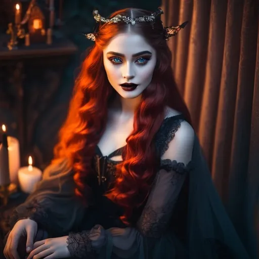 Prompt: young stunning witch, deep gray eyes, deep look, very long red hair, light contrast, baroque intricate portrait, young female witch sitting in her garden house
