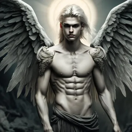 Prompt: Male beautiful angel with big black wings, extra long blonde hair, pale gray eyes, perfect male anatomy, armonious, thin male anatomy, light contrast, awesome, intricate, detail, sunlight,nature, paradise, beatitude, natural light