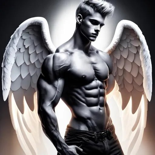 Prompt: Male beautiful angel with big black wings, extra long blonde hair, pale gray eyes, perfect male anatomy, muscle male anatomy, light contrast, awesome, intricate, detail, sunlight
