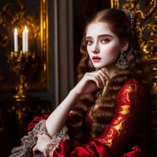 Prompt: young stunning female beauty, deep gray eyes, deep look, very long red hair, light contrast, baroque intricate portrait, baroque rich detailed dress, young female noble sitting in her rich baroque house,  baroque painting art
