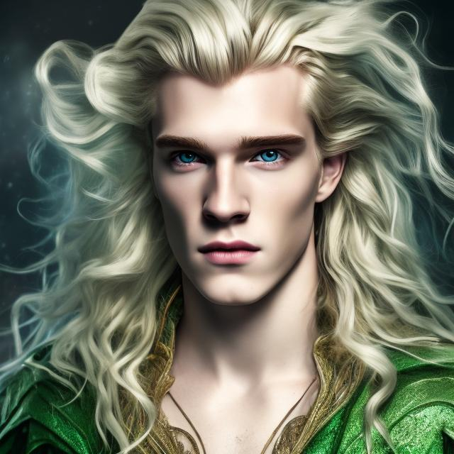 Prompt: HD, 4K, 8K, noble pureblood wizard, male beauty,high detail, handsome long blonde hair, light contrast, blonde beauty, ethereal, splendid green dress