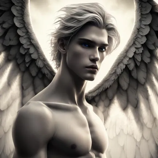 Male beautiful angel with big black wings and extra... | OpenArt