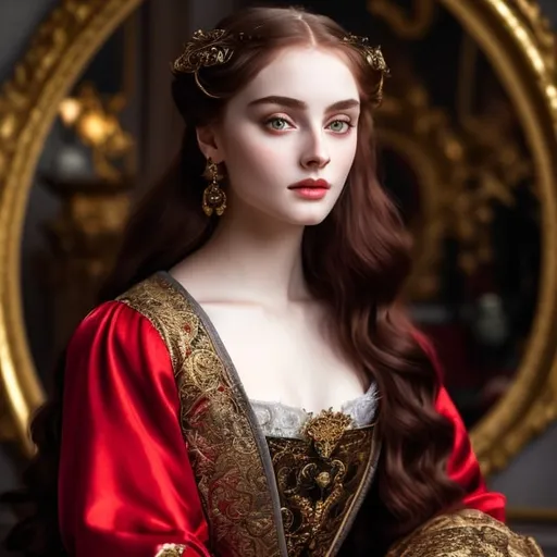 Prompt: young stunning female beauty, deep gray eyes, deep look, very long red hair, light contrast, baroque intricate portrait, baroque rich detailed dress, young female noble sitting in her rich baroque house, Pre-Raphaelite style, style of Dante Gabriel Rossetti