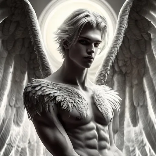 Prompt: Male beautiful angel with big black wings and extra long blonde hair, pale gray eyes, great male anatomy, armonious, thin male anatomy, light contrast, awesome, intricate, detail, sunlight,nature, paradise, beatitude, natural light,aureola