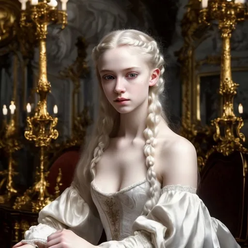 Prompt: young stunning female beauty with delicate pale face, deep gray eyes, deep look, very long blonde hair, light contrast, female noble beauty, rinascimental portrait, baroque rich dress, young female noble sitting in her rich baroque house, style of Pieter Paul Rubens