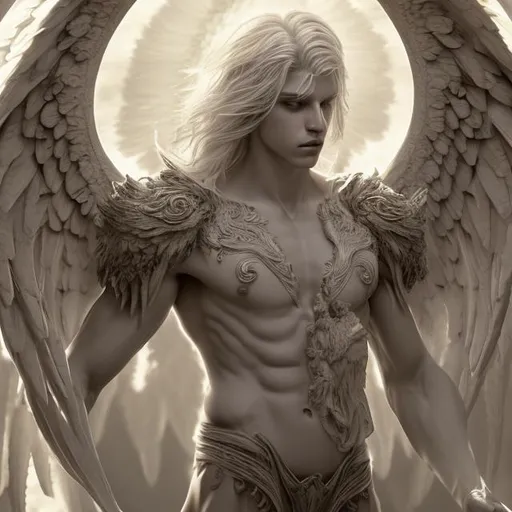 Prompt: Male beautiful angel with big black wings and extra long blonde hair, pale gray eyes, great male anatomy, armonious, thin male anatomy, light contrast, awesome, intricate, detail, sunlight,nature, paradise, beatitude, natural light,aureola