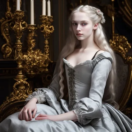 Prompt: young stunning female beauty with delicate pale face, deep gray eyes, deep look, very long blonde hair, light contrast, female noble beauty, rinascimental portrait, baroque rich dress, young female noble sitting in her rich baroque house, style of François Boucher