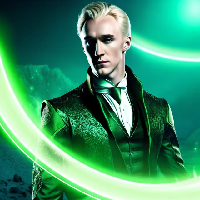 Prompt: HD, 4K, 8K, noble pureblood wizard,Malfoy, male beauty,high detail, handsome long blonde hair, light contrast, blonde beauty, ethereal, splendid green dress