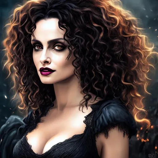 Prompt: HD, 4K, 8K, Bellatrix Lestrange portrait, sensual and evil, light contrast, perfect anatomy, contrast,passion, torment, perfect female anatomy, evil witch, female supremacy, gorgeous female beauty, extra long black curly hair, amber skin