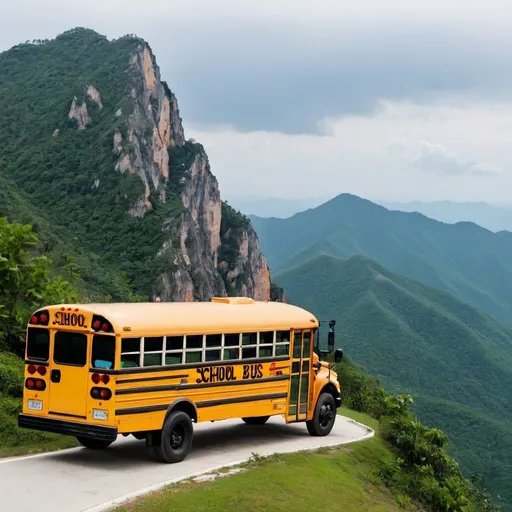 Prompt: A school bus on the edge of the mountain