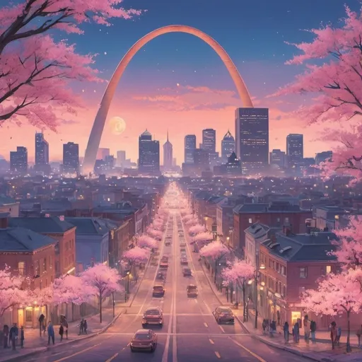 Prompt: Anime depiction of St. Louis Arch and city scenery, pastel colors, lofi aesthetic, kawaii, colorful, detailed arch structure, cute anime characters, cherry blossom trees, vibrant city lights, dreamy atmosphere, anime, pastel colors, lofi, kawaii, colorful, detailed architecture, scenic landscape, vibrant lighting