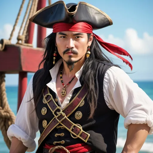 Prompt: (asian pirate no mustache, long black braided goatee, long black asian stringy hair black pirate hat, red headband), white pirate shirt and black vest, vibrant colors), whimsical and adventurous ambiance, attention-grabbing details, expressive pirate character with playful stance, high contrast background suggesting the open sea, treasure elements like gold coins peeking out, (ultra-detailed), dynamic composition illustrating a lively pirate theme