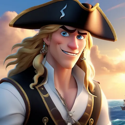 Prompt: (Disney  Pixar  young  English male pirate), wearing a crisp white shirt and sleek black vest, adorned with a bold black pirate hat, showcasing long, stringy blonde hair, clean-shaven face, piercing blue eyes, and a shiny golden earring, set against a dramatic ocean backdrop, vibrant colors, warm sunlight breaking through clouds, ultra-detailed, 4K quality.