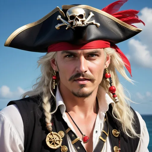 Prompt: (no mustache, no goatee, long platinum blonde stringy hair black pirate hat, red headband), white pirate shirt and black vest, vibrant colors), whimsical and adventurous ambiance, attention-grabbing details, expressive pirate character with playful stance, high contrast background suggesting the open sea, treasure elements like gold coins peeking out, (ultra-detailed), dynamic composition illustrating a lively pirate theme