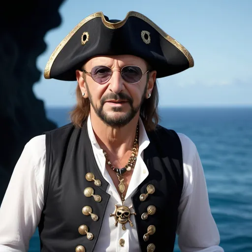 Prompt: ringo starr
 as a pirate), dressed in a flowing white pirate shirt, a stylish black vest, and a classic black pirate hat, adorned with shimmering jewelry, ready for adventure, dramatic ocean backdrop, mysterious ambiance, vivid color tones, high detail, 4K, dynamic lighting accentuating his rebellious spirit.