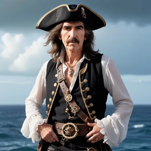 Prompt: (George Harrison as a pirate), dressed in a flowing white pirate shirt, a stylish black vest, and a classic black pirate hat, adorned with shimmering jewelry, ready for adventure, dramatic ocean backdrop, mysterious ambiance, vivid color tones, high detail, 4K, dynamic lighting accentuating his rebellious spirit.