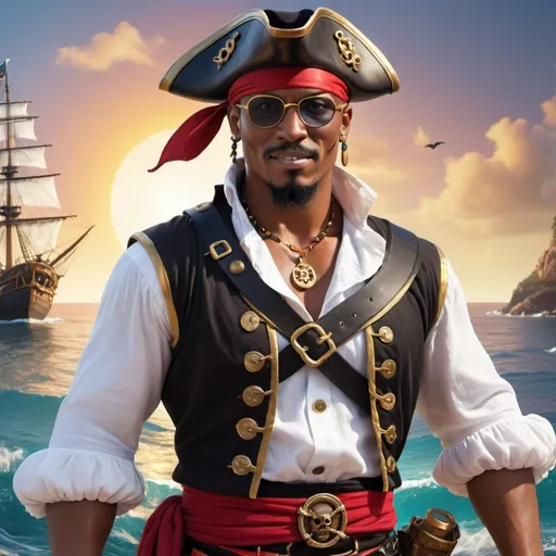 Prompt: muscular, heavy set, bald, brown skin, round gold, framed glasses. black pirate hat, red headband), white pirate shirt and black vest, vibrant colors), whimsical and adventurous ambiance, attention-grabbing details, expressive pirate character with playful stance, high contrast background suggesting the open sea, treasure elements like gold coins peeking out, (ultra-detailed), dynamic composition illustrating a lively pirate theme