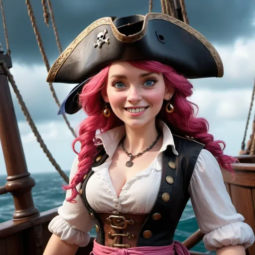 Prompt: (Disney Pixar female Irish pirate), from 1600s, 3D render style, old pirate (evil laugh), white blouse, black vest, pink headband, pink sash ong shoulder length red hair , Rosey cheeks, black pirate hat with no logo, cinematic colors, full body image, black swashbuckler boots with pink laces, photorealistic, high depth, vibrant tones, dramatic shadows, ultra-detailed, atmospheric lighting, epic and adventurous vibe, high quality, HD, background with a pirate ship deck, rough seas, stormy clouds, dark and moody atmosphere, detailed facial expressions, intensely expressive eyes, full of character and personality.