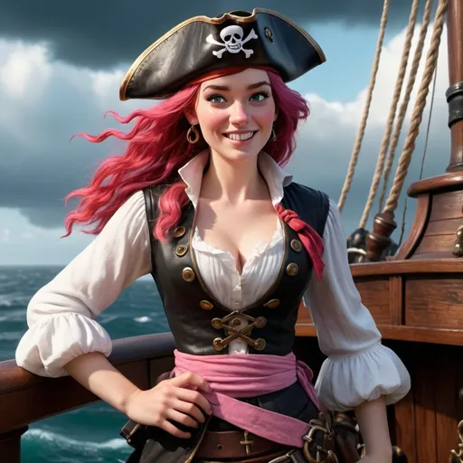 Prompt: (Disney Pixar female Irish pirate), from 1600s, 3D render style, old pirate (evil laugh), white blouse, black vest, pink headband, pink sash ong shoulder length red hair , Rosey cheeks, black pirate hat with no logo, cinematic colors, full body image, black swashbuckler boots with pink laces, photorealistic, high depth, vibrant tones, dramatic shadows, ultra-detailed, atmospheric lighting, epic and adventurous vibe, high quality, HD, background with a pirate ship deck, rough seas, stormy clouds, dark and moody atmosphere, detailed facial expressions, intensely expressive eyes, full of character and personality.