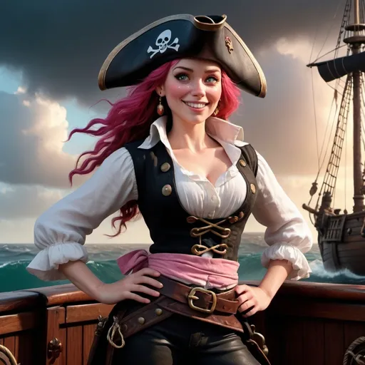 Prompt: (Disney Pixar female Irish pirate), from 1600s, 3D render style, old pirate (evil laugh), white blouse, black vest, pink headband, pink sash ong shoulder length red hair , Rosey cheeks, black pirate hat with no logo, cinematic colors, full body image, black swashbuckler boots with pink laces, photorealistic, high depth, vibrant tones, dramatic shadows, ultra-detailed, atmospheric lighting, epic and adventurous vibe, high quality, HD, background with a pirate ship deck, rough seas, stormy clouds, dark and moody atmosphere, detailed facial expressions, intensely expressive eyes, full of character and personality.