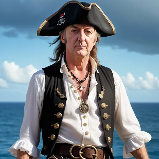 Prompt: Paul Mcartney

 as a pirate), dressed in a flowing white pirate shirt, a stylish black vest, and a classic black pirate hat, adorned with shimmering jewelry, ready for adventure, dramatic ocean backdrop, mysterious ambiance, vivid color tones, high detail, 4K, dynamic lighting accentuating his rebellious spirit.