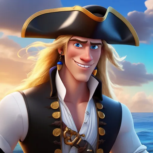 Prompt: (Disney  Pixar  young  English male pirate), wearing a crisp white shirt and sleek black vest, adorned with a bold black pirate hat, showcasing long, stringy blonde hair, clean-shaven face, piercing blue eyes, and a shiny golden earring, set against a dramatic ocean backdrop, vibrant colors, warm sunlight breaking through clouds, ultra-detailed, 4K quality.