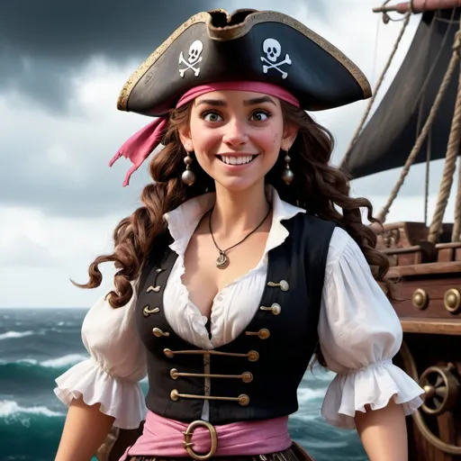 Prompt: (Disney Pixar female Spanish pirate), from 1600s, 3D render style, old pirate (evil laugh), white blouse, black vest, pink headband, long brown wavy hair with pig tails, fair colored skin, black pirate hat with no logo, brown eyes, cinematic colors, photorealistic, high depth, vibrant tones, dramatic shadows, ultra-detailed, atmospheric lighting, epic and adventurous vibe, high quality, HD, background with a pirate ship deck, rough seas, stormy clouds, dark and moody atmosphere, detailed facial expressions, intensely expressive eyes, full of character and personality.