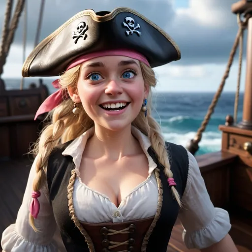 Prompt: (Disney Pixar female aussie pirate), from 1600s, 3D render style, old pirate (evil laugh), white blouse, black vest, pink headband, long length blonde hair with pig tails, fair colored skin, black pirate hat with no logo, Blue eyes, cinematic colors, photorealistic, high depth, vibrant tones, dramatic shadows, ultra-detailed, atmospheric lighting, epic and adventurous vibe, high quality, HD, background with a pirate ship deck, rough seas, stormy clouds, dark and moody atmosphere, detailed facial expressions, intensely expressive eyes, full of character and personality.