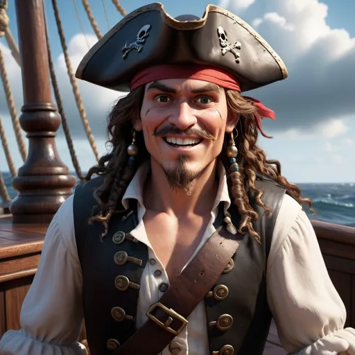 Prompt: Prompt


(Disney Pixar male English pirate), from 1600s, 3D render style, old pirate (evil laugh), white pirate shirt, black vest, red headband, long brown wavy hair, fair colored skin, ,various hair styles, black pirate hat with no logo, brown eyes, cinematic colors, photorealistic, high depth, vibrant tones, dramatic shadows, ultra-detailed, atmospheric lighting, epic and adventurous vibe, high quality, HD, background with a pirate ship deck, rough seas, stormy clouds, dark and moody atmosphere, detailed facial expressions, intensely expressive eyes, full of character and personality.