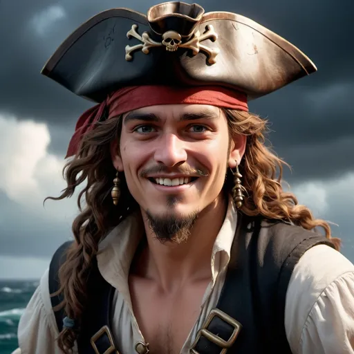 Prompt: Prompt


(Disney Pixar male teen English pirate), from 1600s, 3D render style, old pirate (evil laugh), white pirate shirt, black vest, red headband, long brown wavy hair, fair colored skin, ,various hair styles, black pirate hat with no logo, brown eyes, cinematic colors, photorealistic, high depth, vibrant tones, dramatic shadows, ultra-detailed, atmospheric lighting, epic and adventurous vibe, high quality, HD, background with a pirate ship deck, rough seas, stormy clouds, dark and moody atmosphere, detailed facial expressions, intensely expressive eyes, full of character and personality.