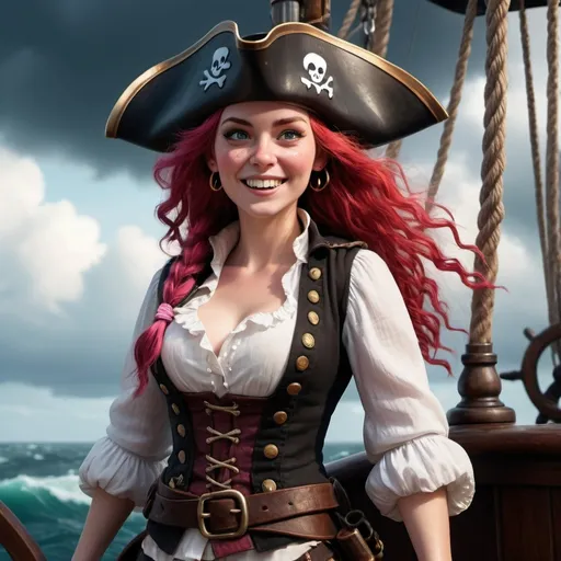 Prompt: (Disney Pixar female Irish pirate), from 1600s, 3D render style, old pirate (evil laugh), white blouse, black vest, pink headband, long shoulder length red hair , Rosey cheeks, black pirate hat with no logo, cinematic colors, fill nodym swasgbuckler bootsphotorealistic, high depth, vibrant tones, dramatic shadows, ultra-detailed, atmospheric lighting, epic and adventurous vibe, high quality, HD, background with a pirate ship deck, rough seas, stormy clouds, dark and moody atmosphere, detailed facial expressions, intensely expressive eyes, full of character and personality.