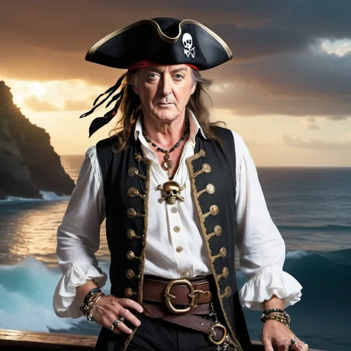 Prompt: Paul Mcartney

 as a pirate), dressed in a flowing white pirate shirt, a stylish black vest, and a classic black pirate hat, adorned with shimmering jewelry, ready for adventure, dramatic ocean backdrop, mysterious ambiance, vivid color tones, high detail, 4K, dynamic lighting accentuating his rebellious spirit.