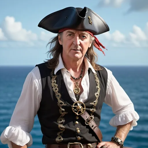 Prompt: Paul Mcartney

 as a pirate), dressed in a flowing white pirate shirt, a stylish black vest, and a classic black pirate hat, adorned with shimmering jewelry, ready for adventure, dramatic ocean backdrop, mysterious ambiance, vivid color tones, high detail, 4K, dynamic lighting accentuating his rebellious spirit.