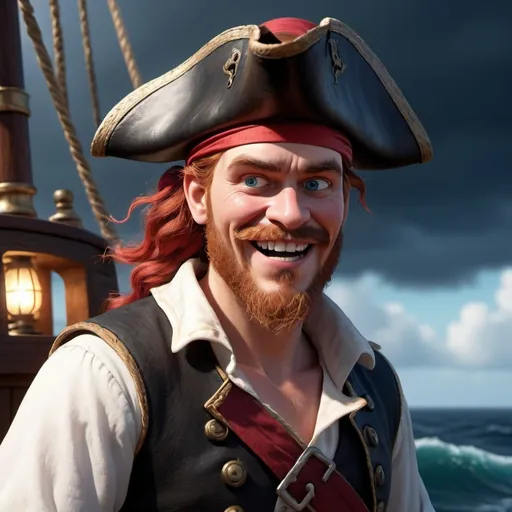 Prompt: Prompt


(Disney Pixar male English pirate), from 1600s, 3D render style, old pirate (evil laugh), white pirate shirt, black vest, red headband, short red wavy hair with a trimmed red beard, fair colored skin, black pirate hat with no logo, blue eyes, cinematic colors, photorealistic, high depth, vibrant tones, dramatic shadows, ultra-detailed, atmospheric lighting, epic and adventurous vibe, high quality, HD, background with a pirate ship deck, rough seas, stormy clouds, dark and moody atmosphere, detailed facial expressions, intensely expressive eyes, full of character and personality.