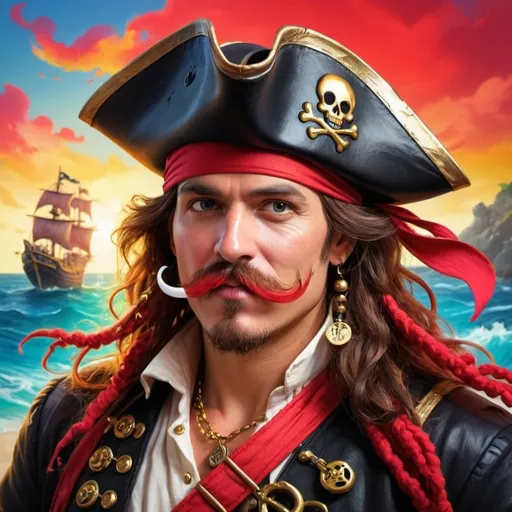 Prompt: (red mustache, black pirate hat, red headband), (vibrant colors), whimsical and adventurous ambiance, attention-grabbing details, expressive pirate character with playful stance, high contrast background suggesting the open sea, treasure elements like gold coins peeking out, (ultra-detailed), dynamic composition illustrating a lively pirate theme