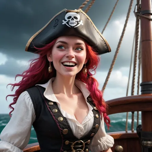 Prompt: (Disney Pixar female Irish pirate), from 1600s, 3D render style, old pirate (evil laugh), white blouse, black vest, pink headband, long shoulder length red hair , rosey cheeks,  black pirate hat with no logo, cinematic colors, photorealistic, high depth, vibrant tones, dramatic shadows, ultra-detailed, atmospheric lighting, epic and adventurous vibe, high quality, HD, background with a pirate ship deck, rough seas, stormy clouds, dark and moody atmosphere, detailed facial expressions, intensely expressive eyes, full of character and personality.