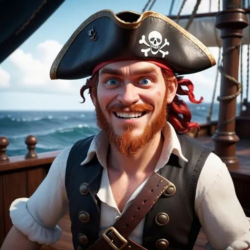 Prompt: Prompt


(Disney Pixar male English pirate), from 1600s, 3D render style, old pirate (evil laugh), white pirate shirt, black vest, red headband, short red wavy hair with a trimmed red beard, fair colored skin, black pirate hat with no logo, blue eyes, cinematic colors, photorealistic, high depth, vibrant tones, dramatic shadows, ultra-detailed, atmospheric lighting, epic and adventurous vibe, high quality, HD, background with a pirate ship deck, rough seas, stormy clouds, dark and moody atmosphere, detailed facial expressions, intensely expressive eyes, full of character and personality.