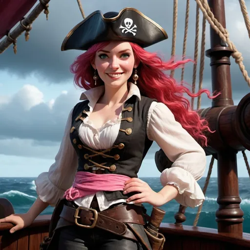 Prompt: (Disney Pixar female Irish pirate), from 1600s, 3D render style, old pirate (evil laugh), white blouse, black vest, pink headband, pink sash ong shoulder length red hair , Rosey cheeks, black pirate hat with no logo, cinematic colors, full body image, black swashbuckler boots with pink laces, photorealistic, high depth, vibrant tones, dramatic shadows, ultra-detailed, atmospheric lighting, epic and adventurous vibe, high quality, HD, background with a pirate ship deck, rough seas, stormy clouds, dark and moody atmosphere, detailed facial expressions, intensely expressive eyes, full of character and personality.