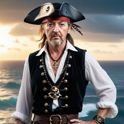 Prompt: Paul Mcartney

 as a pirate), dressed in a flowing white pirate shirt, a stylish black vest, and a classic black pirate hat, adorned with shimmering jewelry, ready for adventure, dramatic ocean backdrop, mysterious ambiance, vivid color tones, high detail, 4K, dynamic lighting accentuating his rebellious spirit.